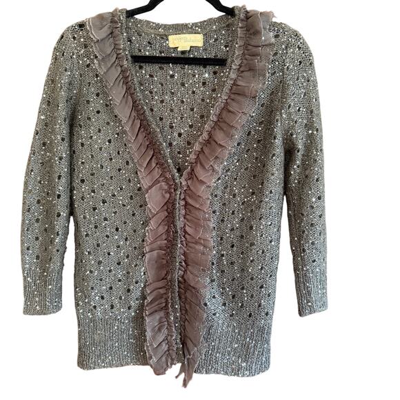 PROJECT ALABAMA | Gray Lightweight Sequin Ruffle Trim Open Knit Cardigan | Small - Picture 1 of 6